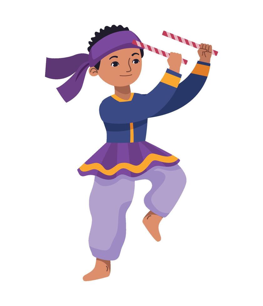 A cartoon character in a purple outfit is holding a stick vector