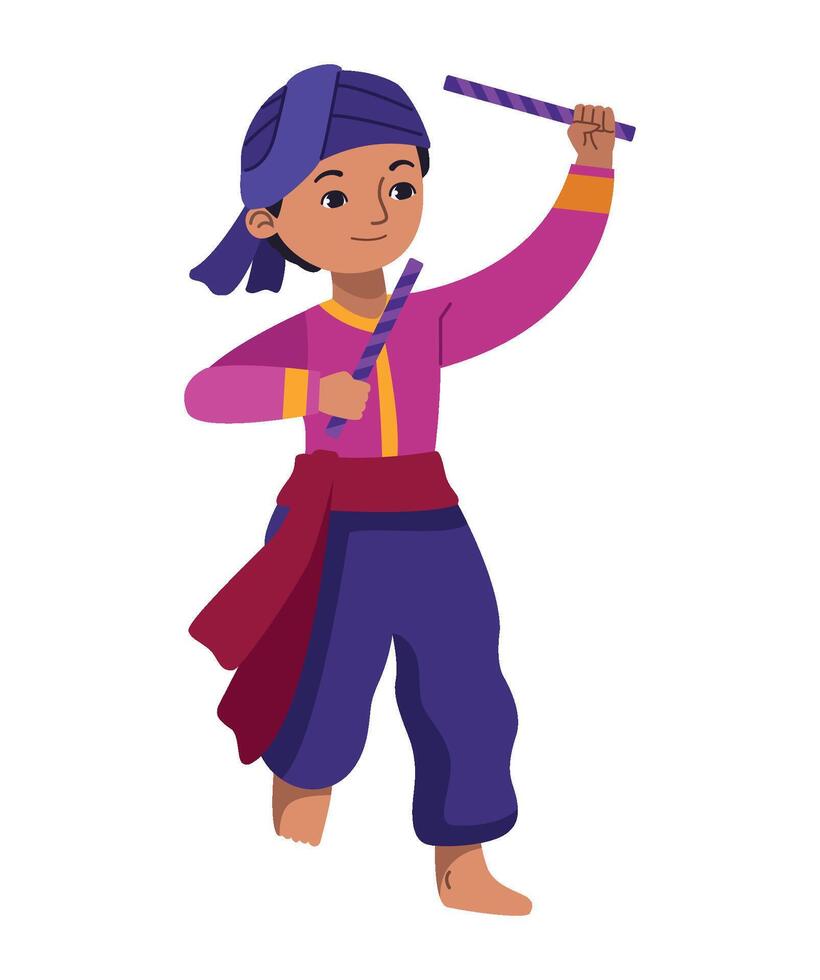 A cartoon boy in a purple outfit holding a stick vector