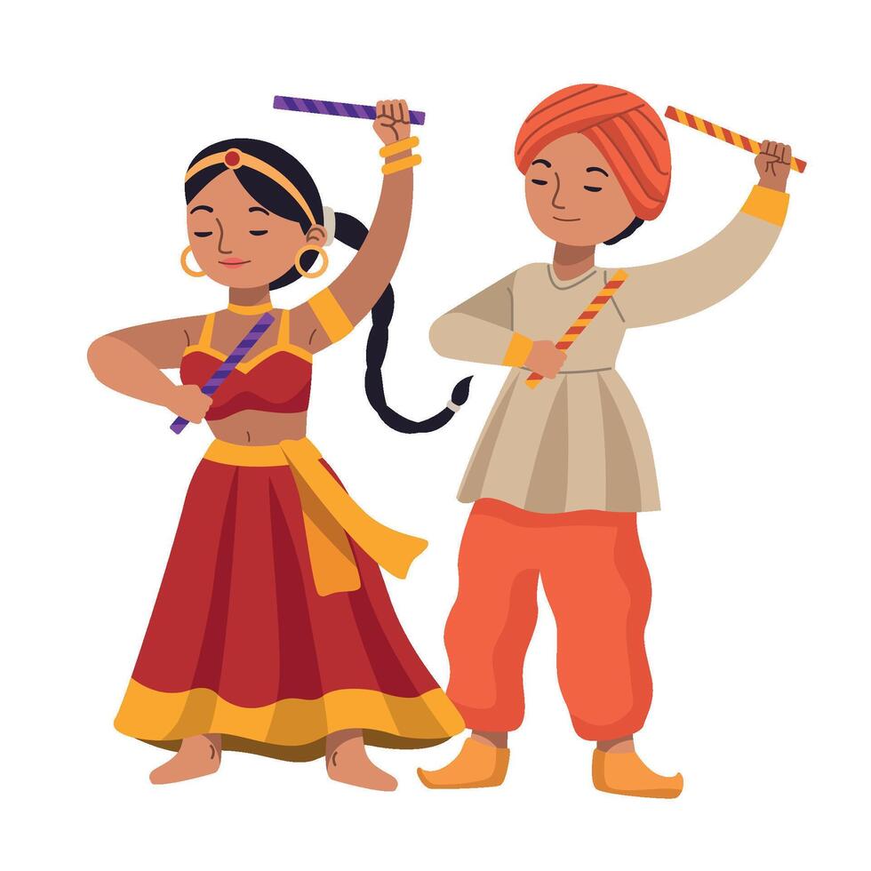 Indian couple dancing with colorful sticks vector