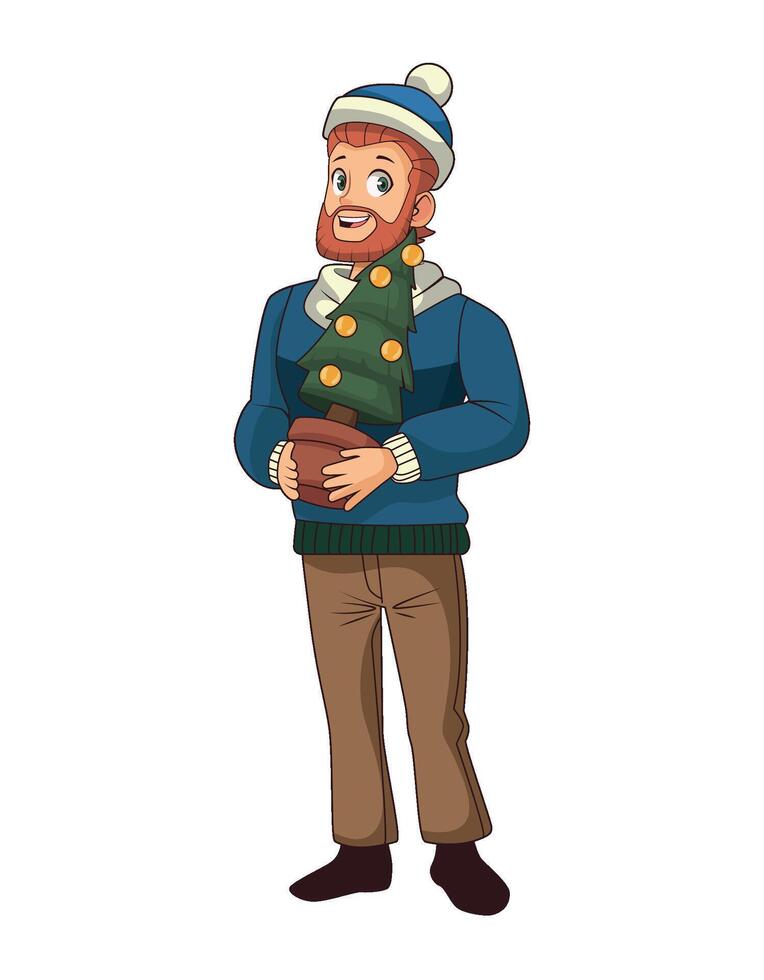 Cartoon man holding a christmas tree vector