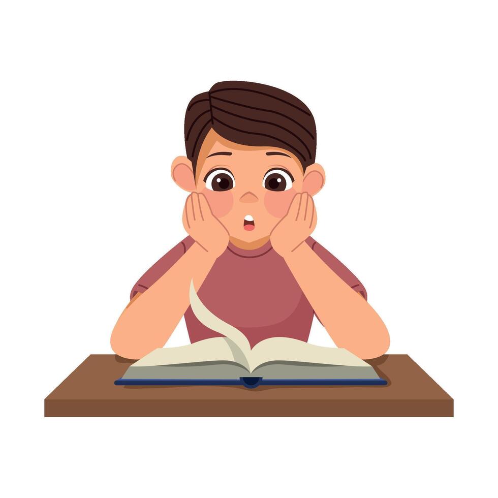A boy is sitting at a table with a book in front of him vector