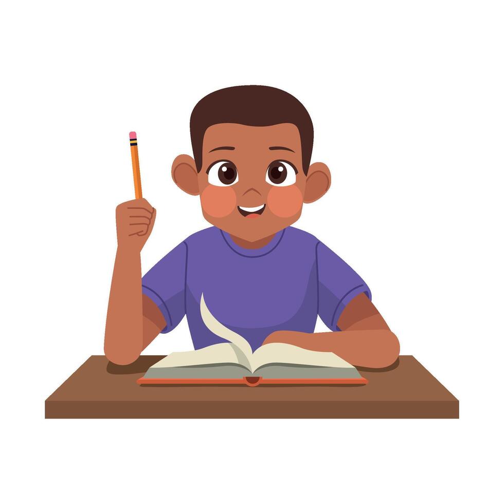 A boy sitting at a desk with a pencil and book vector