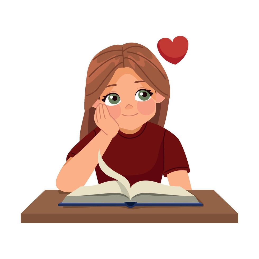 A girl is reading a book with a heart above her head vector