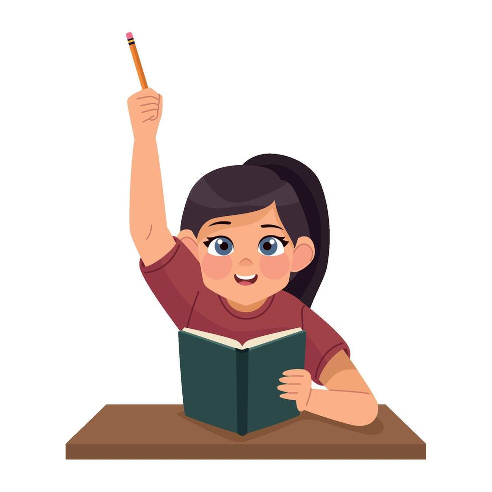 A girl is sitting at a desk with a pencil in her hand vector