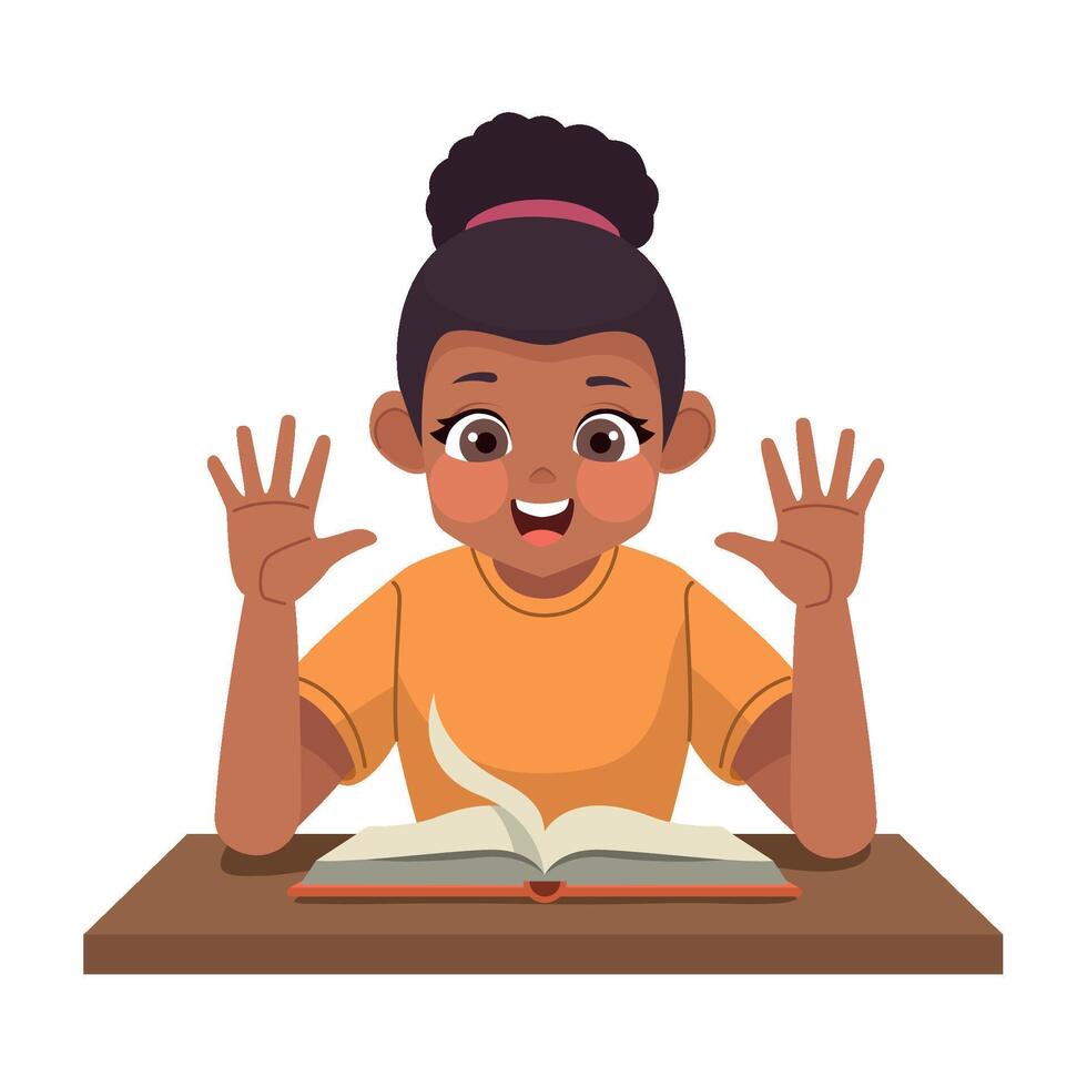 A girl is sitting at a table with her hands up vector