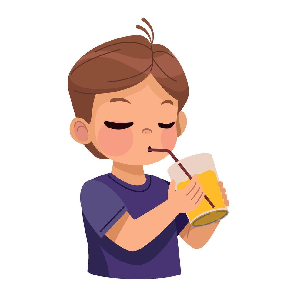 Boy drinking juice, cartoon illustration vector