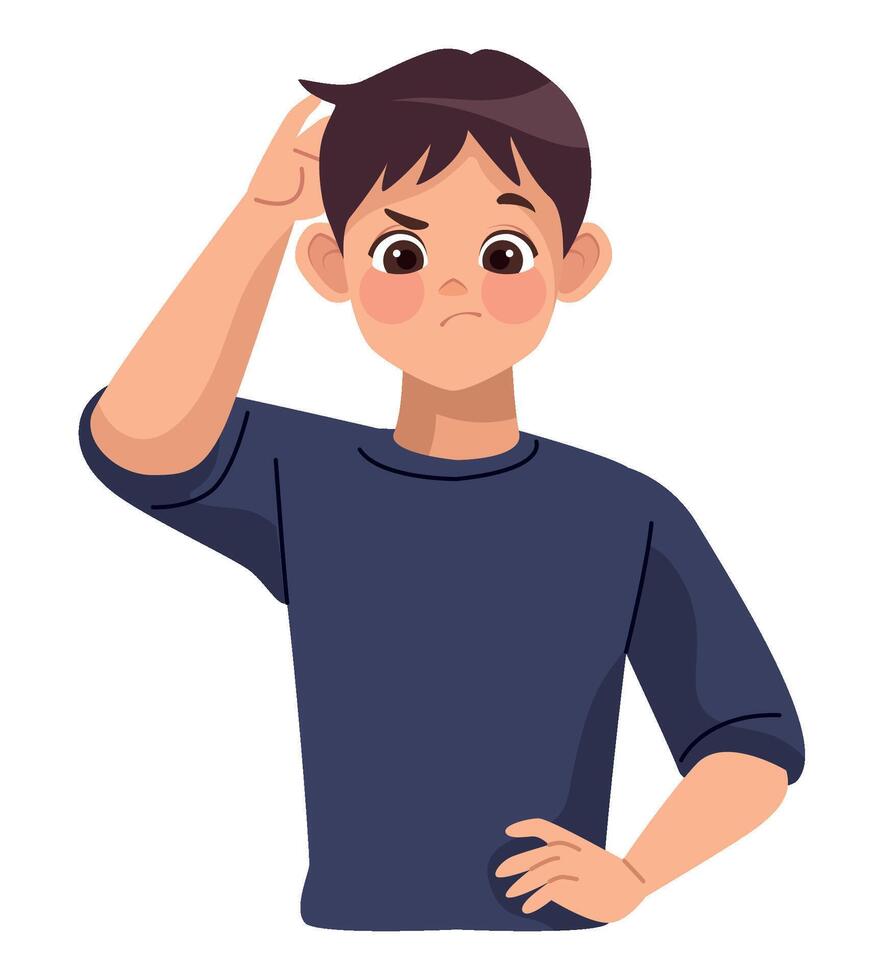 A boy is holding his head and looking at his forehead vector