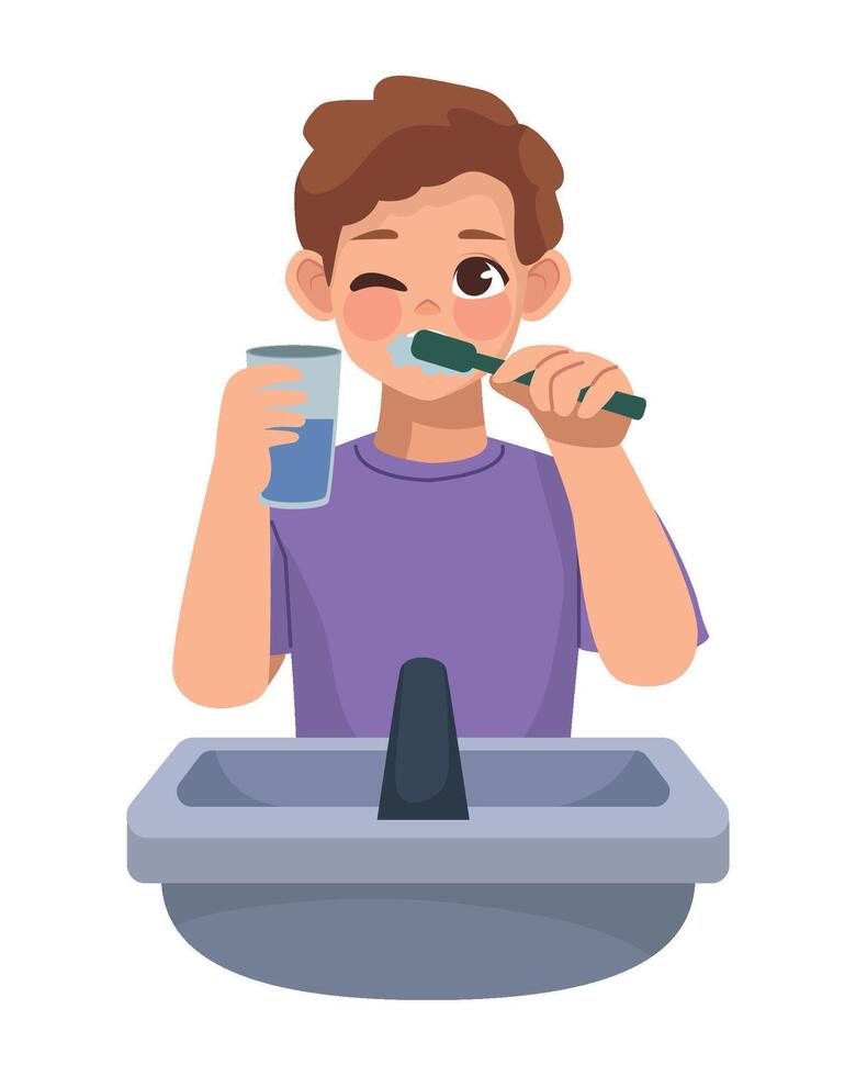 A boy brushing his teeth with a toothbrush vector
