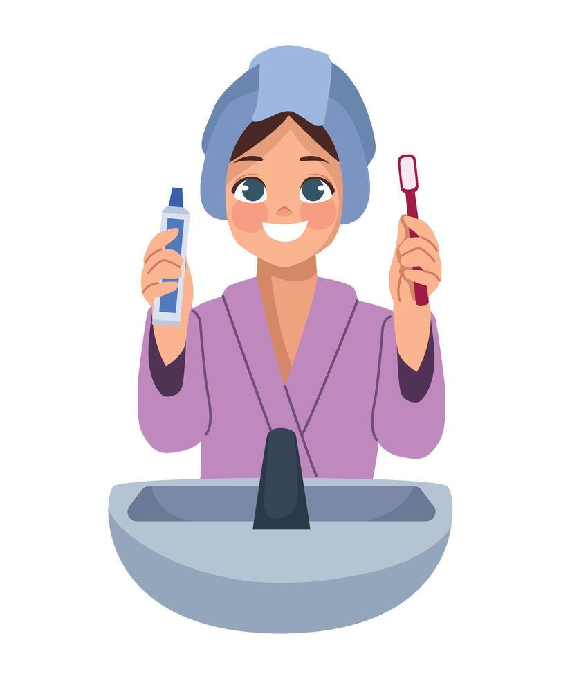 Woman in bathrobe brushing teeth with toothbrush and toothpaste vector