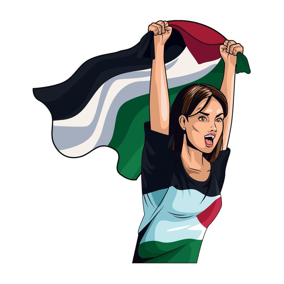 A woman holding a flag of palestine vector