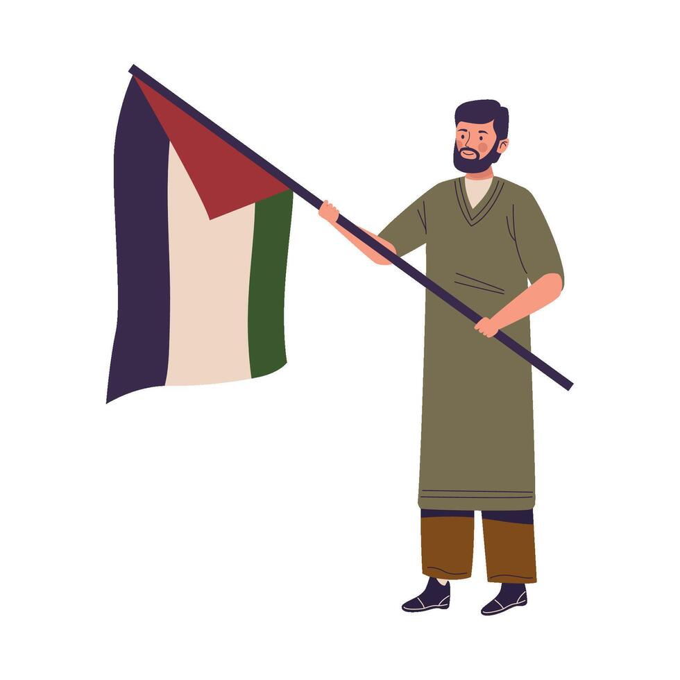 Palestinian man holding flag, flat illustration vector