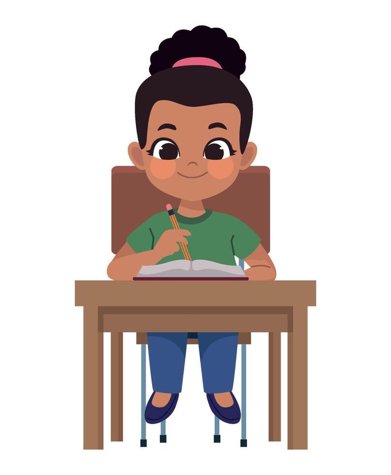 A girl sitting at a desk and writing vector