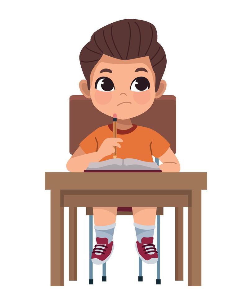 A boy sitting at a desk with a pencil in his hand vector