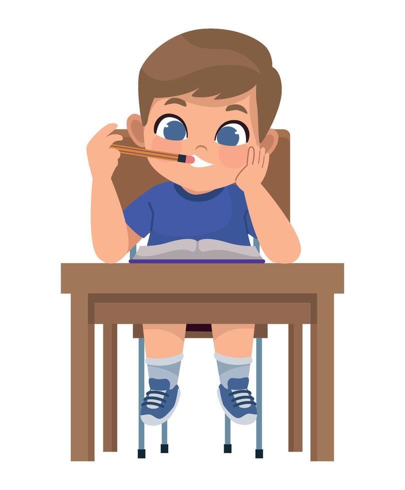 A boy sitting at a desk with a toothbrush in his mouth vector