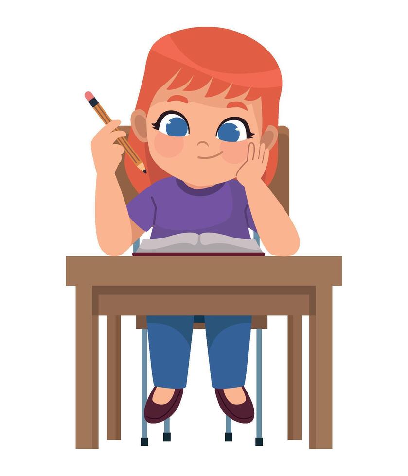 A girl sitting at a desk with a pencil and a book vector