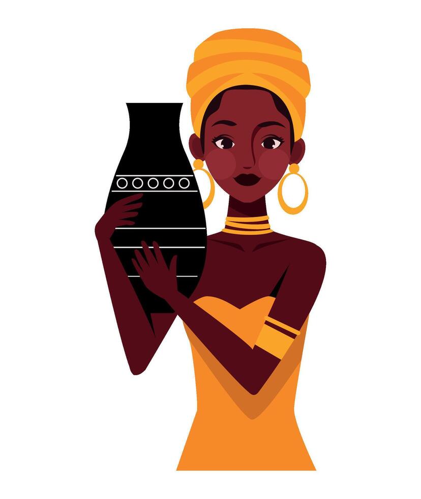 African woman holding a vase of flowers vector