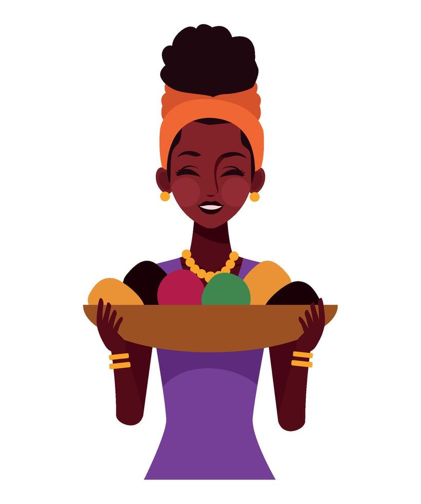 African woman holding a tray of fruits vector