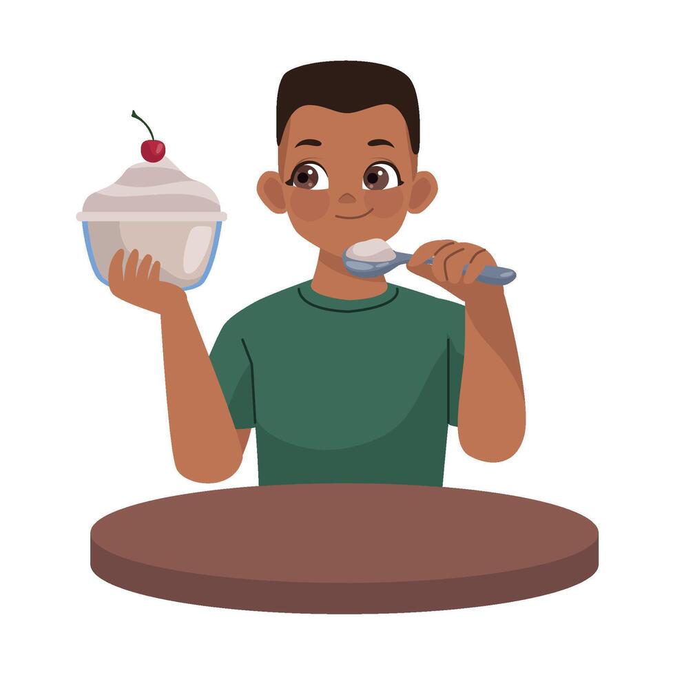 A boy holding a bowl of ice cream and a spoon vector