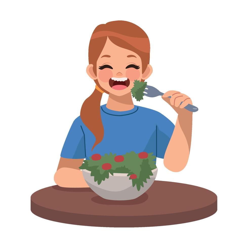 A girl eating salad with a fork and knife vector