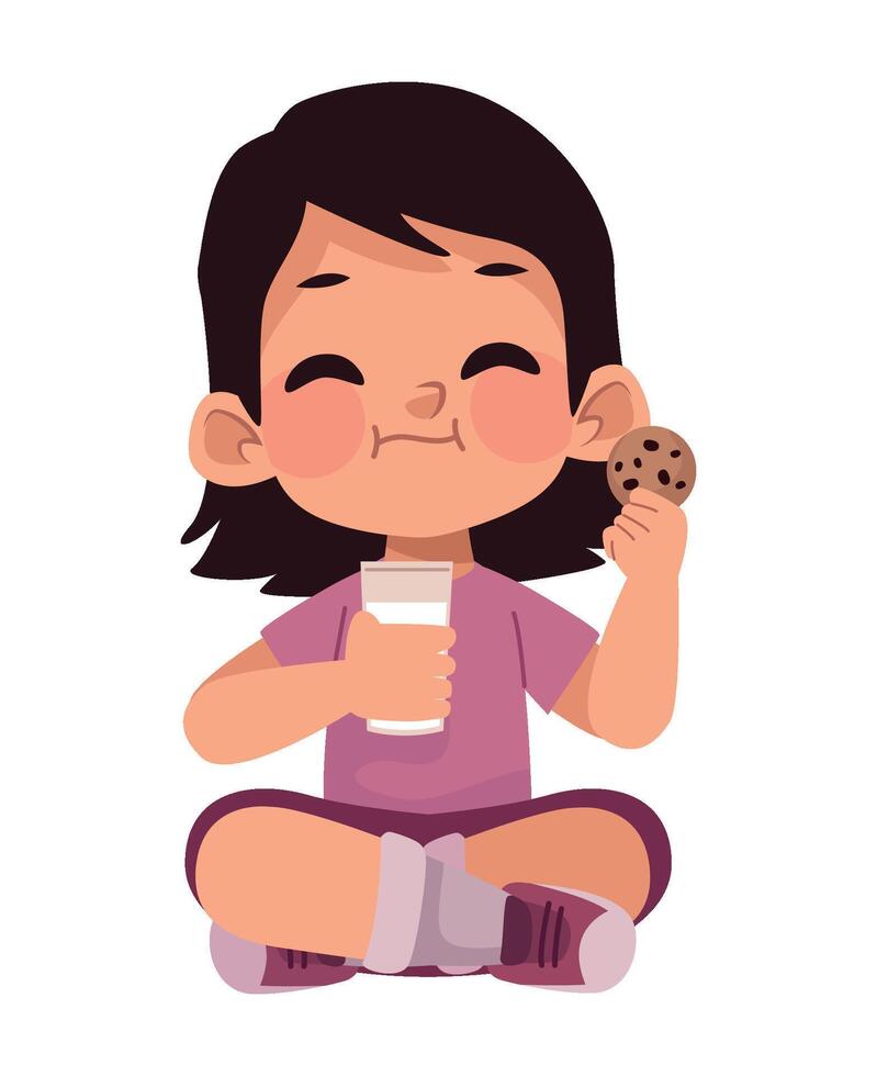 A little girl eating a cookie and drinking milk vector