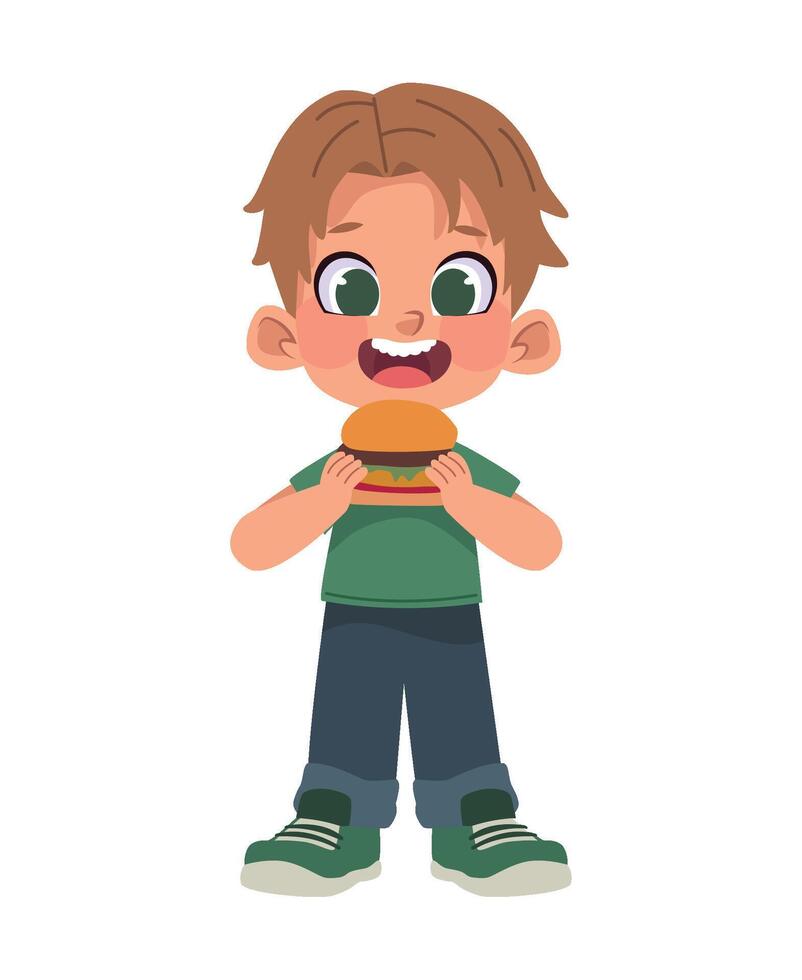 Boy eating hamburger illustration vector