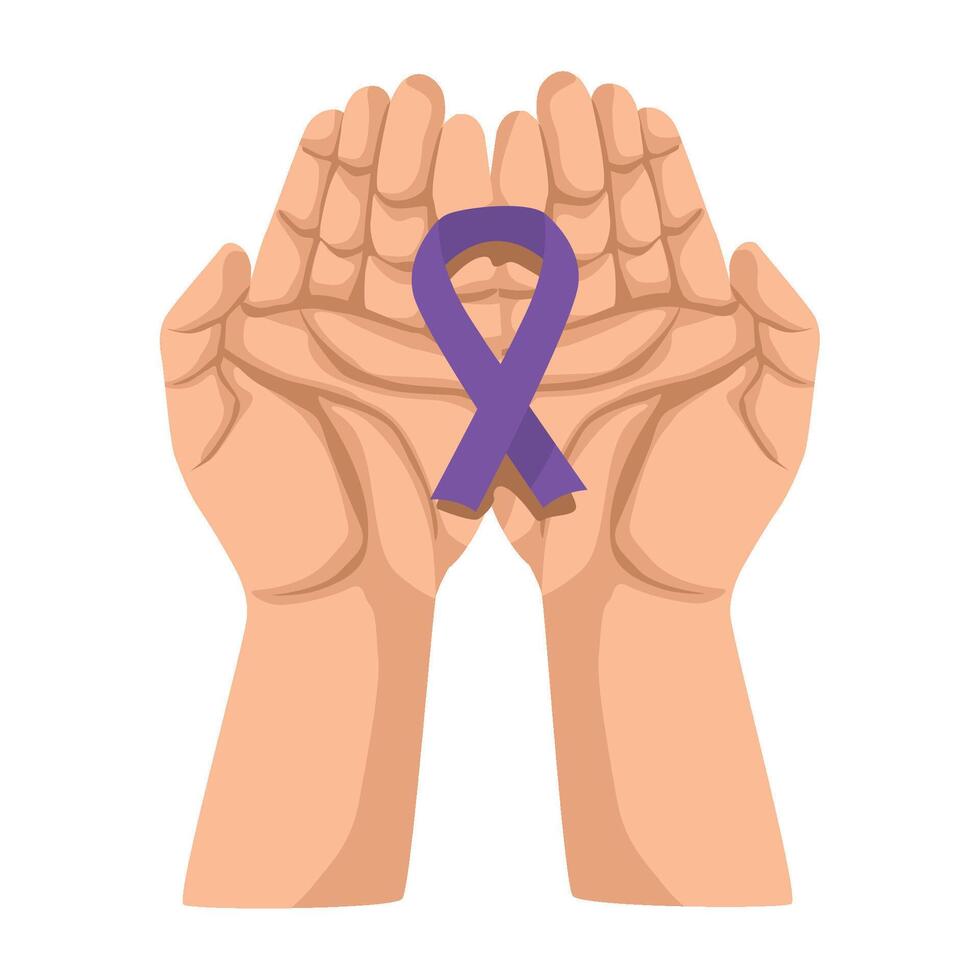 Two hands with purple ribbon in them vector