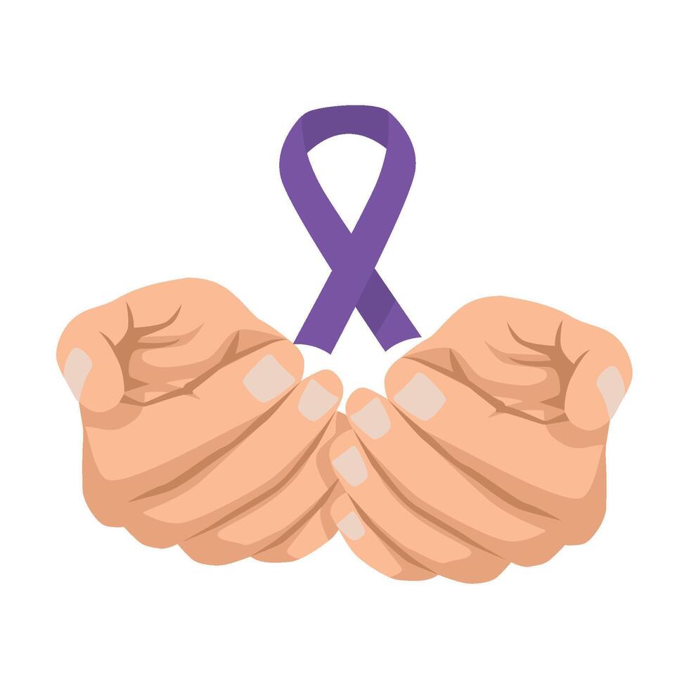Two hands holding a purple ribbon vector