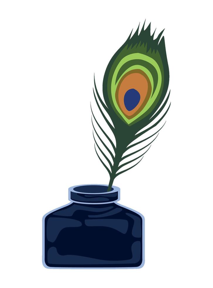 Peacock feather pen and inkwell illustration vector