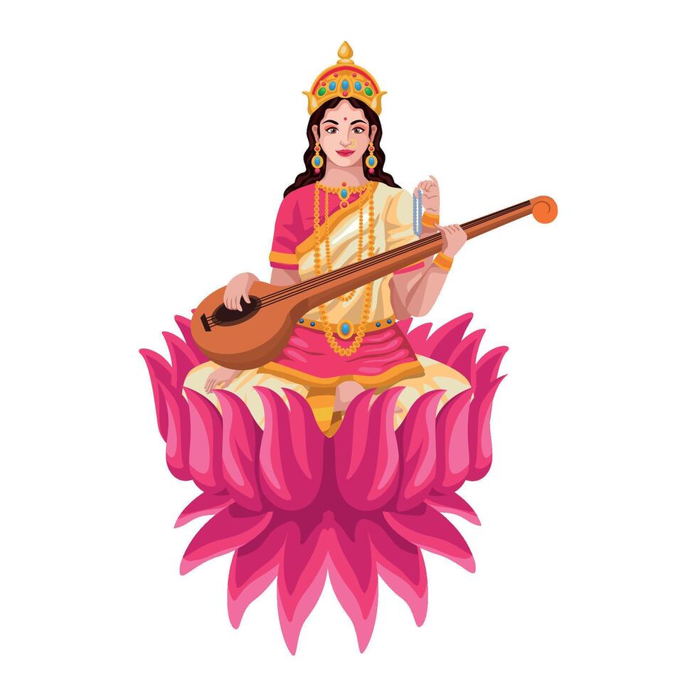 A woman playing the sitar on a lotus flower vector