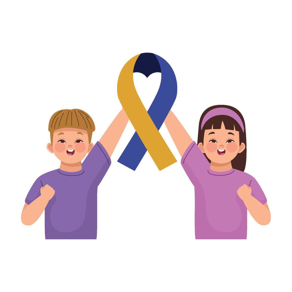Two children holding up a yellow ribbon vector