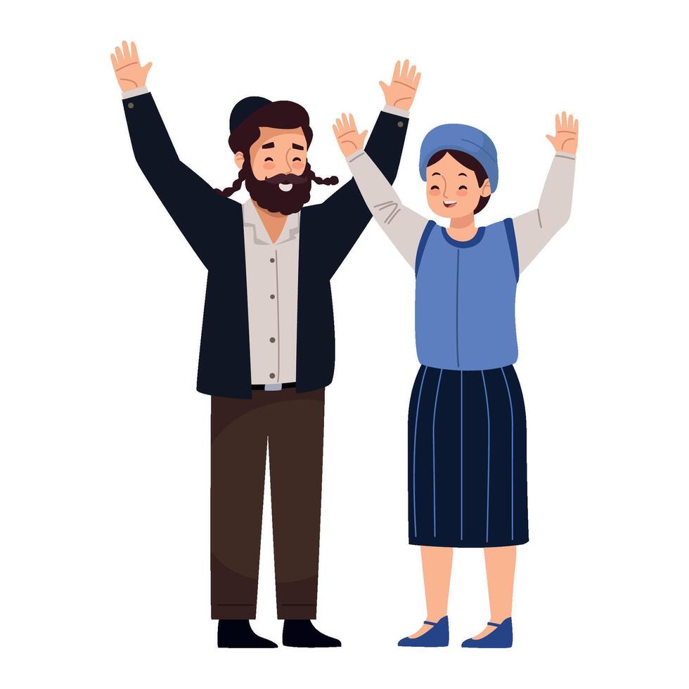 Jewish man and woman with hands up, cartoon style vector