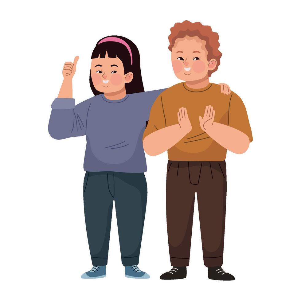 Two people standing with their hands up vector
