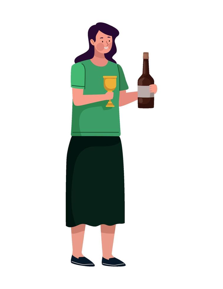 A woman holding a glass and a bottle of wine vector
