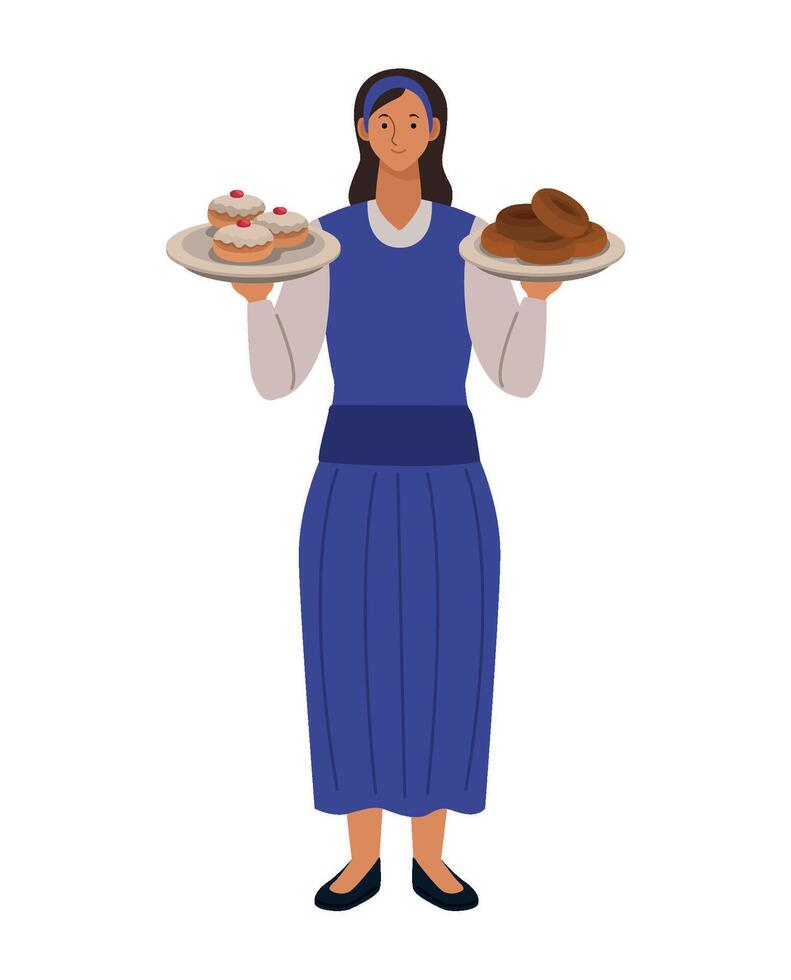 A woman in blue dress holding two plates with food vector