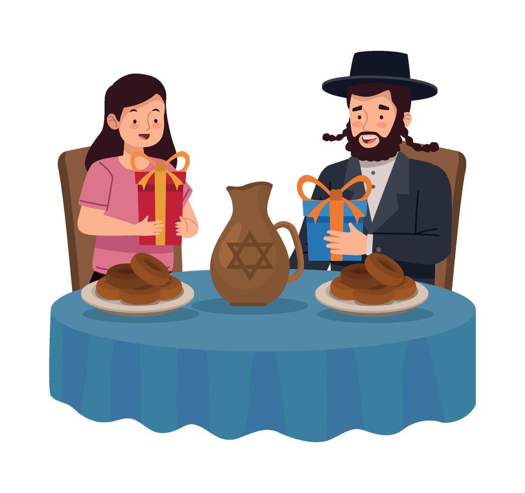 Jewish man and woman at table with gifts and food vector