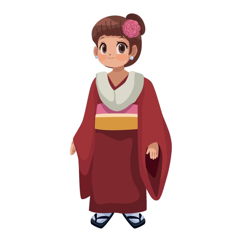 A cartoon girl in a traditional japanese kimono vector