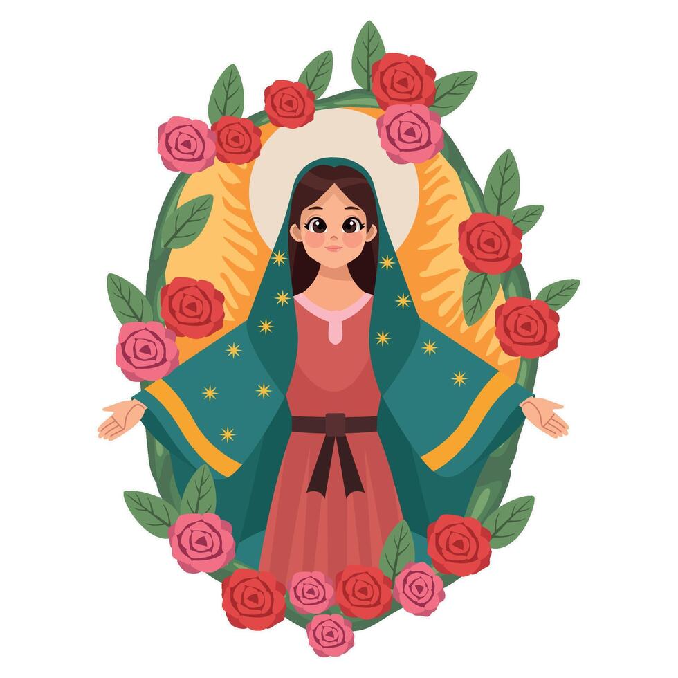 The virgin of guadalupe in a floral frame vector