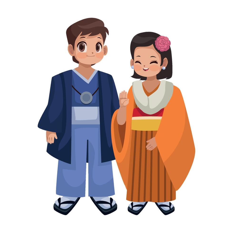 Japanese couple in traditional clothes illustration vector