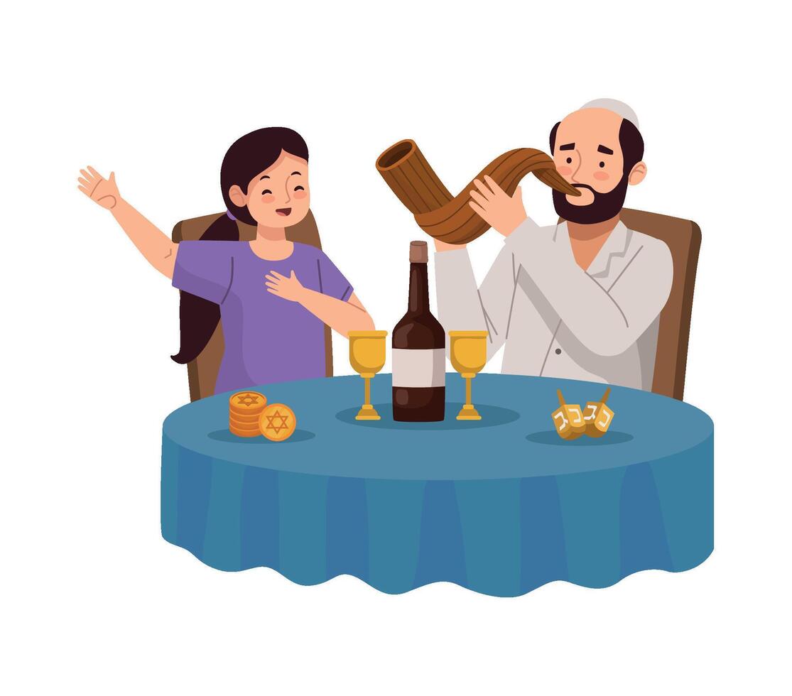 Jewish man blowing shofar with wine and food for his family vector