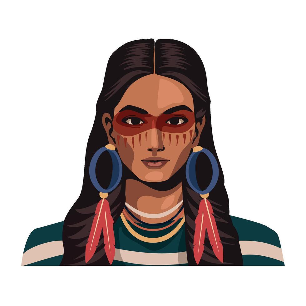 Native american woman with red makeup and feathers vector