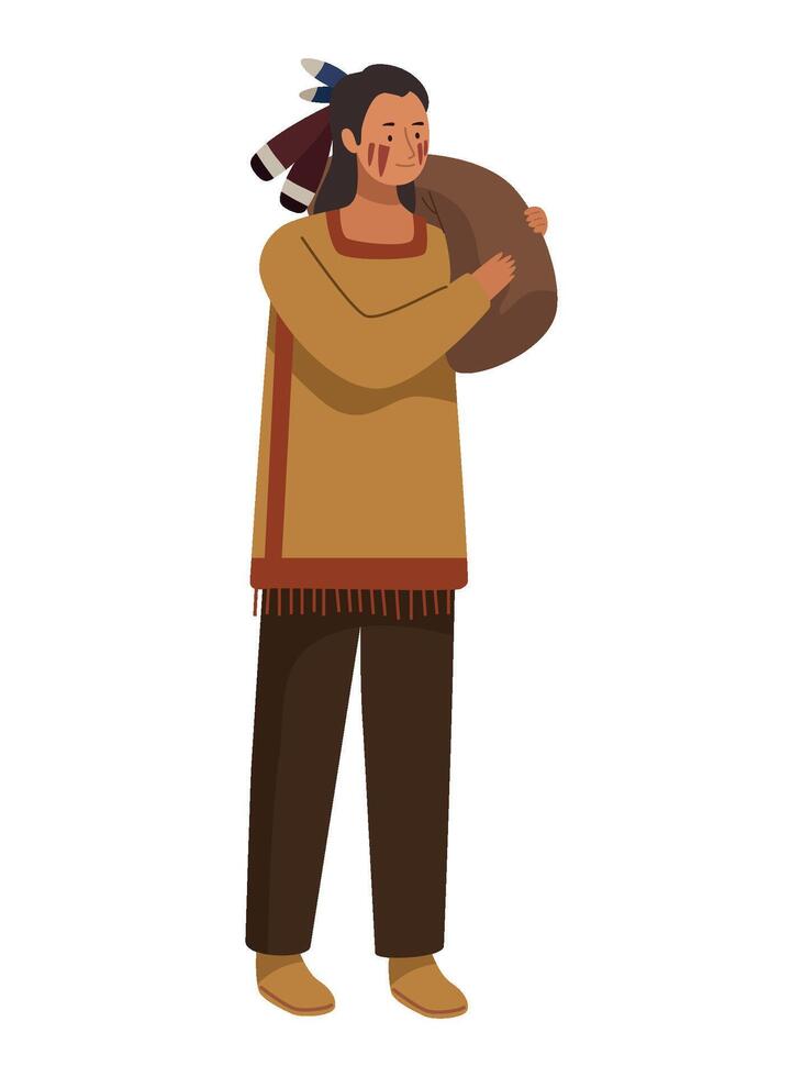 Native american indian man in traditional costume holding a drum vector