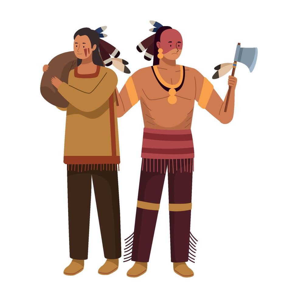 Two native american men holding a basket and an ax vector