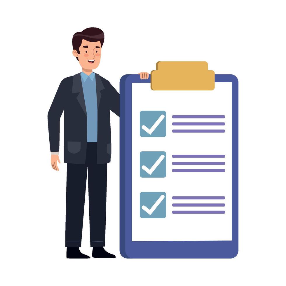 A man is holding a clipboard with check marks on it vector