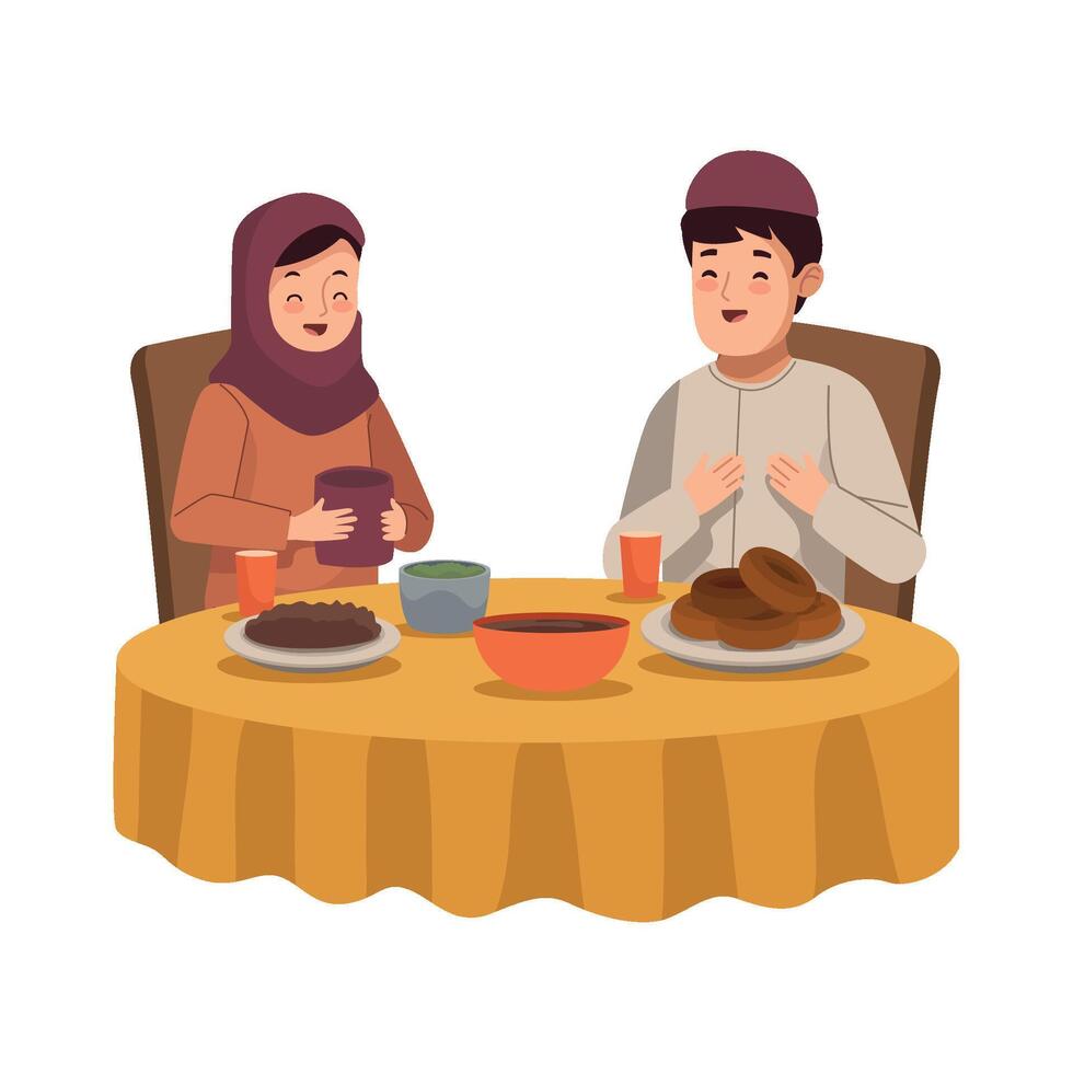 Muslim couple eating dinner together at the table vector