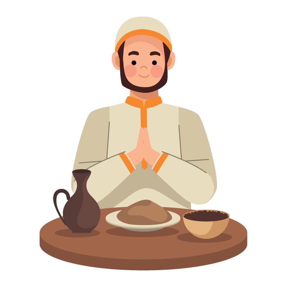 Muslim man praying at the table with a bowl of food vector