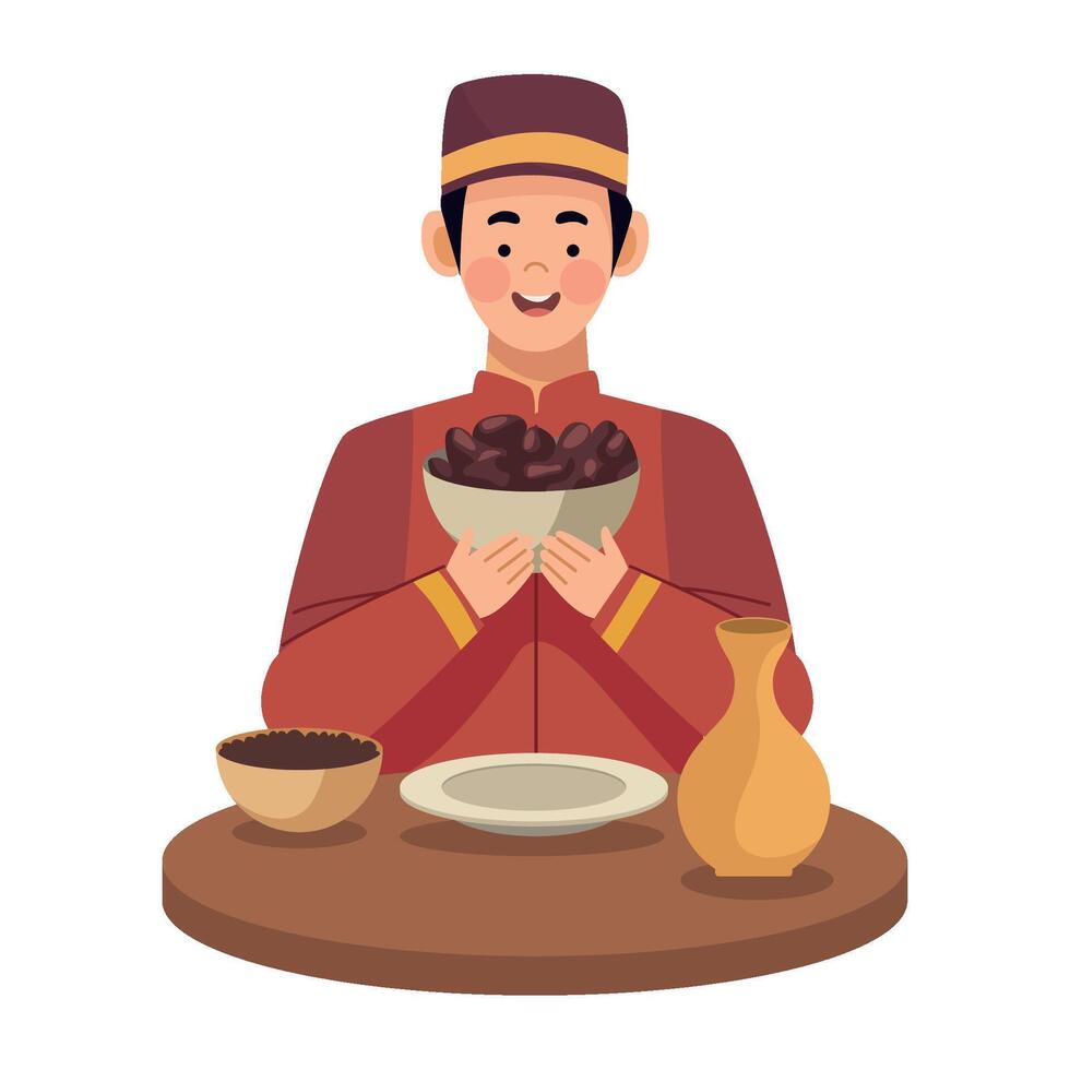 A man in traditional clothing holding a bowl of dates vector