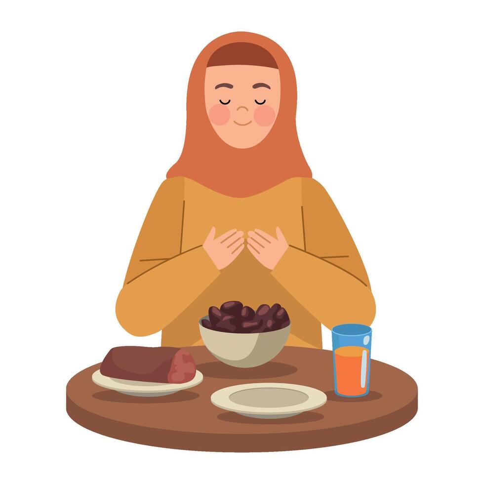 Muslim woman praying at the table with food and drink vector
