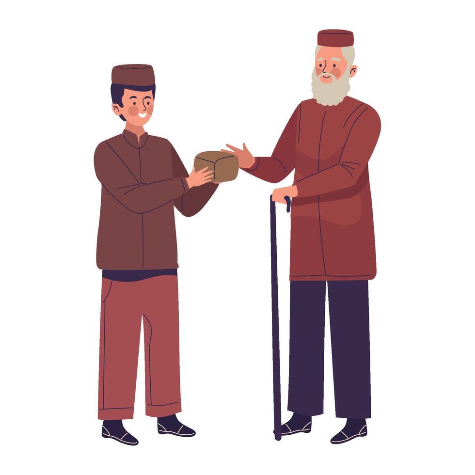 Muslim man giving food to elderly man illustration vector