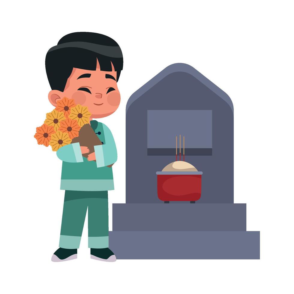 A boy holding a bouquet of flowers near a grave vector