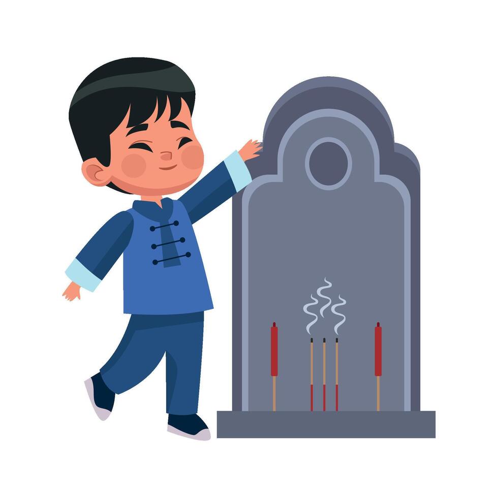 A boy in blue is standing next to a tombstone vector